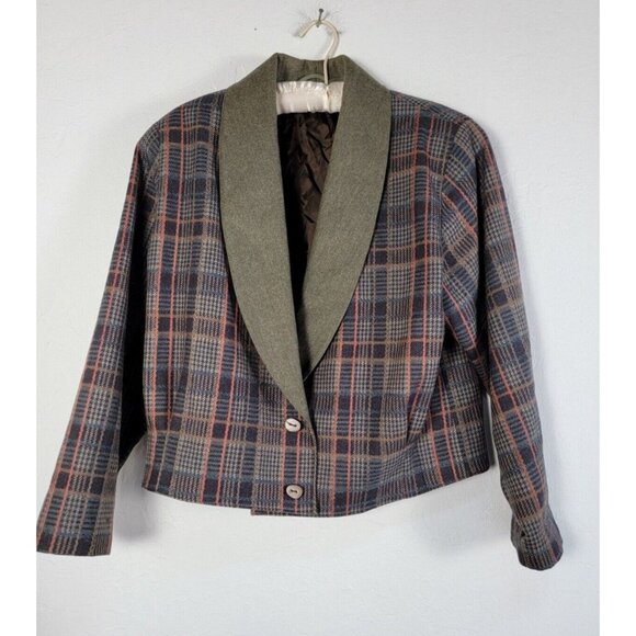 Vintage Kositchek's Wool Plaid Blazer Women's Cropped Jacket Retro Shawl Collar